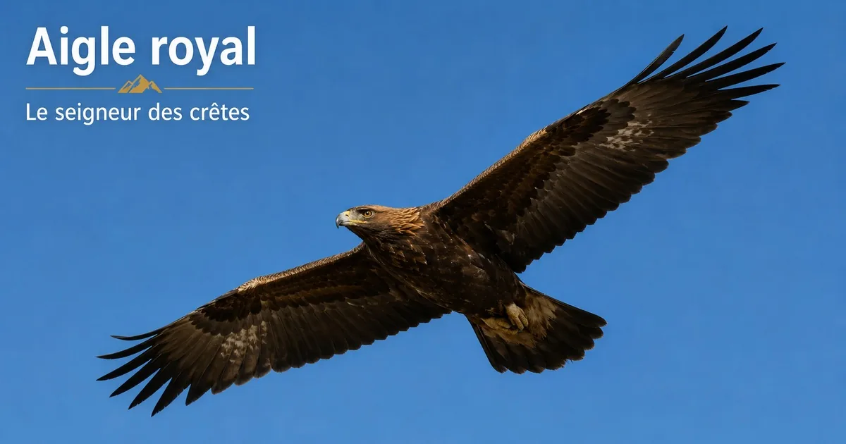 Aigle royal en vol au-dessus des crêtes de Haute-Savoie, plumage brun sombre, nuque dorée et ailes longues et larges