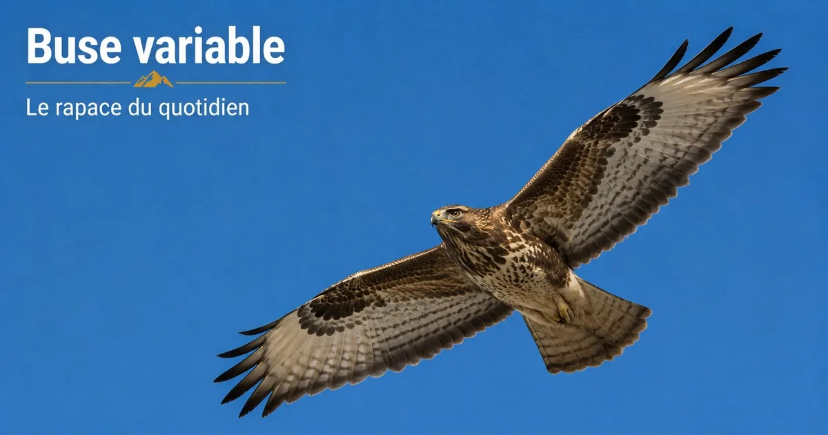 Buse variable en vol, plumage brun marbré, bande claire sur la poitrine et virages sombres au poignet