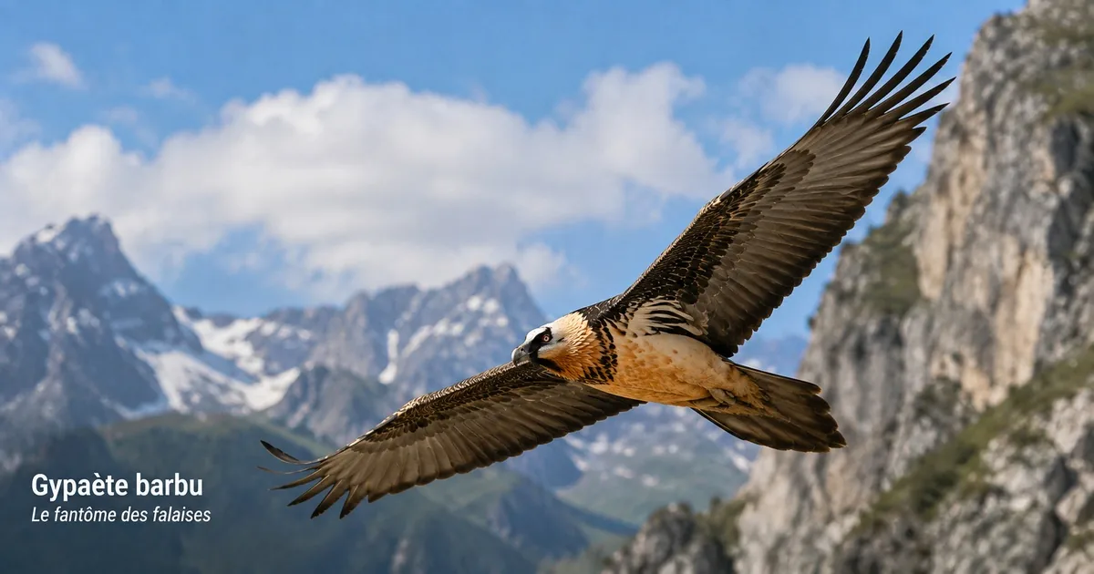 Gypaète barbu adulte en vol devant une falaise des Alpes, tête pâle barrée de noir, œil cerclé de rouge et ventre roux orangé